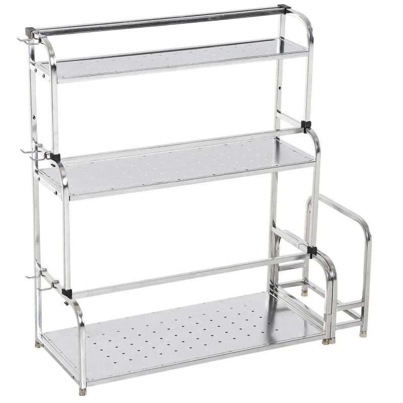 HOMCOM 3-tier Spice Rack Organiser W/6 Hooks-Stainless Steel
