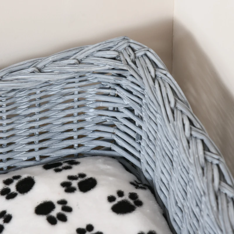 PawHut Wicker Raised Dog Bed Cat Sofa Elevated Couch Lifted Corner with Soft Plush Cushion Elevated Base Grey 58 x 58 x 28cm