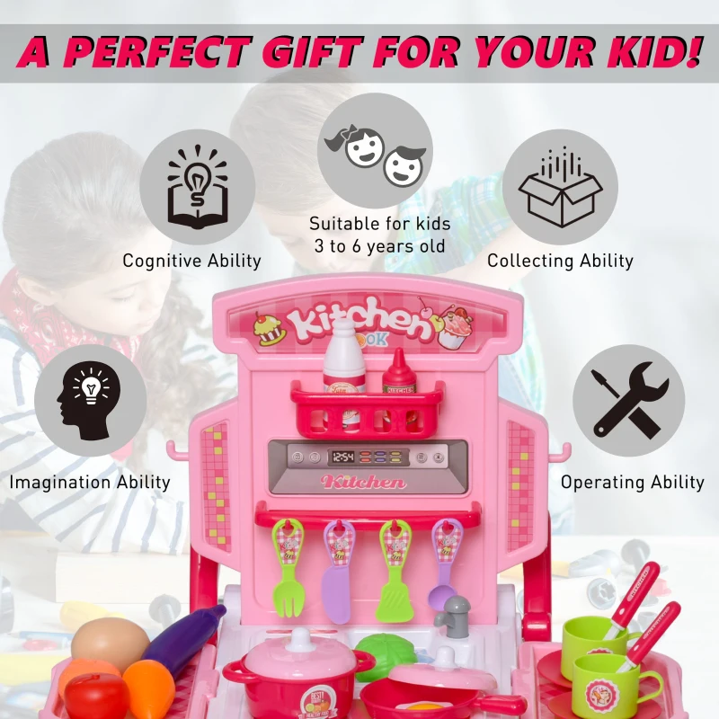 HOMCOM Kids Pretend Play Plastic Kitchen Playset Pink