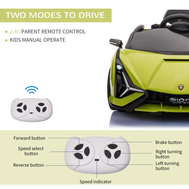 HOMCOM Lamborghini Sian Licensed 12V Kids Electric Ride On Car 2 Motors Toy Car with Remote Control Music Lights MP3 for 3-5 Years Green