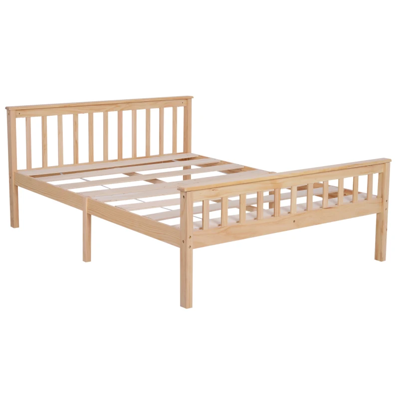 HOMCOM Double Bed Solid Pine Wooden Frame, 208L x 143W x 82Hcm-Natural Wood Colour