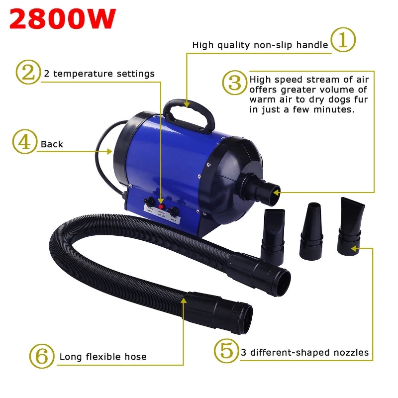 Pawhut Pet Hair Dryer for Dog Grooming, 2800W-Blue