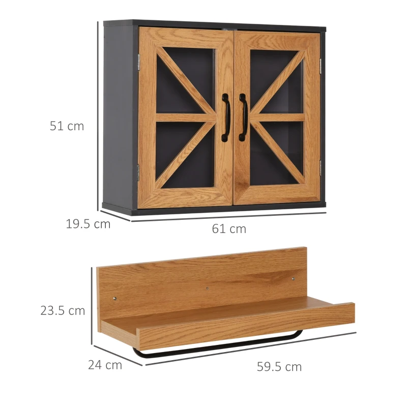 kleankin 2 Pcs Retro Bathroom Cabinet & Towel Rail Set On-Wall Organiser w/ Shelf Metal Hanger Glass Panels Handles Home Style Furniture