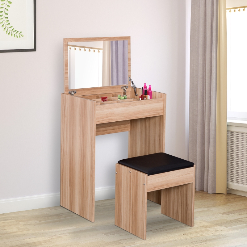 HOMCOM Dressing Table Set with Mirror & Stool-Wood Grain Colour