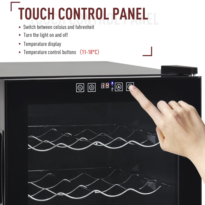 HOMCOM 16 Bottle Wine Cooler Mini Bar Refrigerator 11-18°C Adjustable Temperature Touch Control Led Lights Sleek Stylish Suitable For Home Bar Party Black