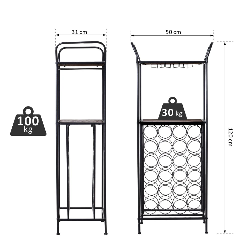 HOMCOM Metal Frame 24 Bottle Wine Rack Unit w/ Pine Wood Table Top Black Brown