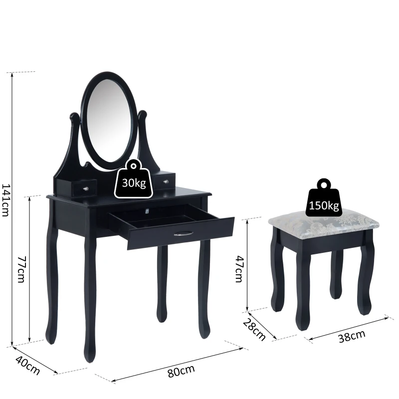 HOMCOM 3-Drawers Dressing Table Set W/ Mirror & Stool-Black