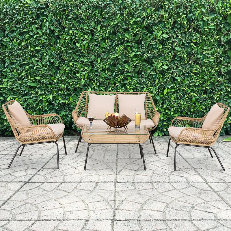 Outsunny 4 Pcs Webbed PE Rattan Sofa Set Unique Smooth Curved w/ Sofa 2 Armchairs Statement Table Glass Top Soft Thick Cushions Garden Outdoor Furniture Beige Pink