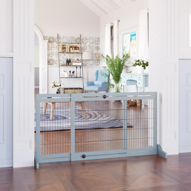 PawHut Freestanding Dog Gate, Foldable Pet Fence, Indoor Wood Barrier, Stair Gate with Support Feet, for Doorway, Hallway, Small and Medium Dogs, 69H x 104-183 cm, Blue-grey