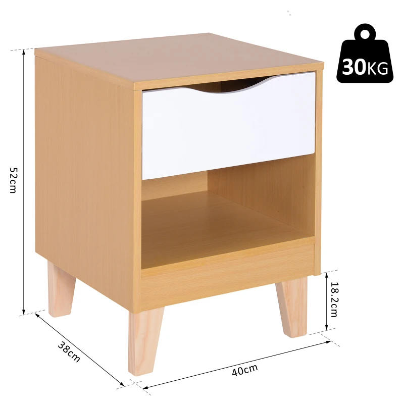 HOMCOM Scandinavian Style Bedside Table, 40Lx38Dx53H-Natural Wood/White Colour
