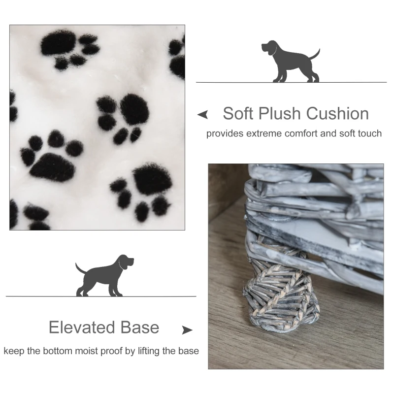 PawHut Wicker Raised Dog Bed Cat Sofa Elevated Couch Lifted Corner with Soft Plush Cushion Elevated Base Grey 58 x 58 x 28cm