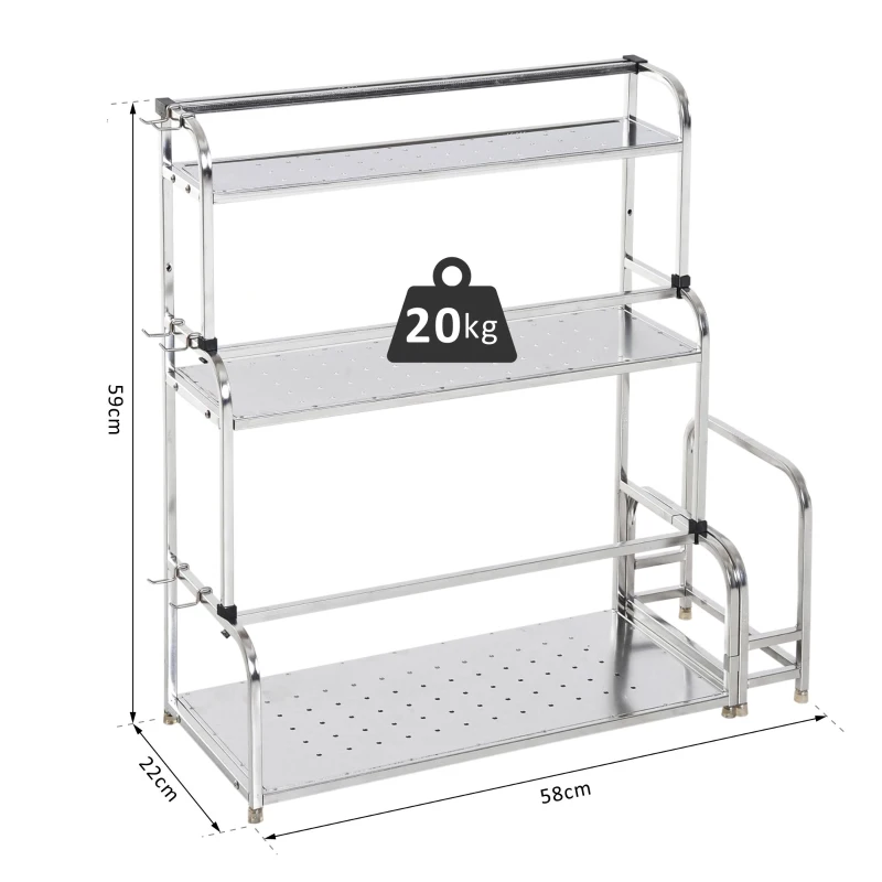 HOMCOM 3-tier Spice Rack Organiser W/6 Hooks-Stainless Steel