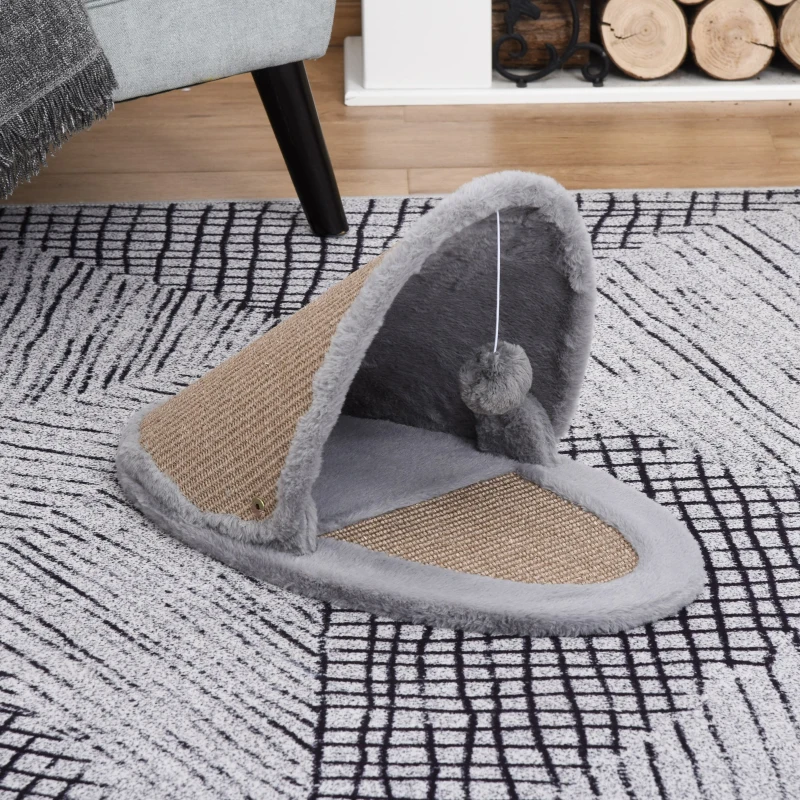 PawHut Cat House Kitten Bed Pet Furniture with Sisal Scratching Area Soft Plush for Rest and Play, Grey and Brown