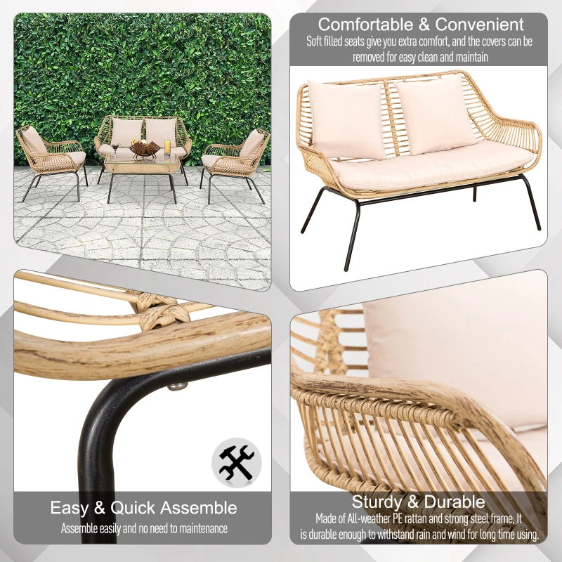 Outsunny 4 Pcs Webbed PE Rattan Sofa Set Unique Smooth Curved w/ Sofa 2 Armchairs Statement Table Glass Top Soft Thick Cushions Garden Outdoor Furniture Beige Pink
