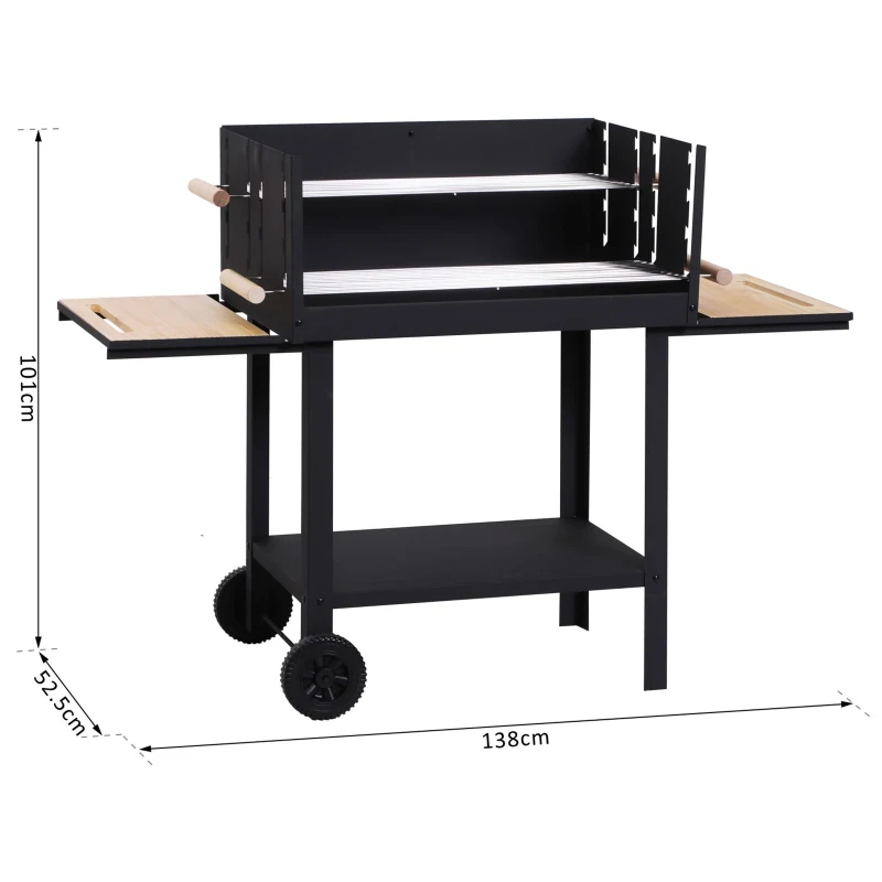 Outsunny Charcoal BBQ Grill, Cold-Rolled Iron, Fir Wood, 138Lx52.5Wx101H cm-Black