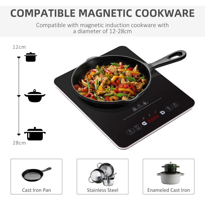 HOMCOM Portable Induction Hob Induction Cooker 2000W Single Hot Plate Electric Cooktop with 8 Power & Temperature Levels 4H Timer Child Lock Sensor Touch LED Display Ceramic Glass Panel
