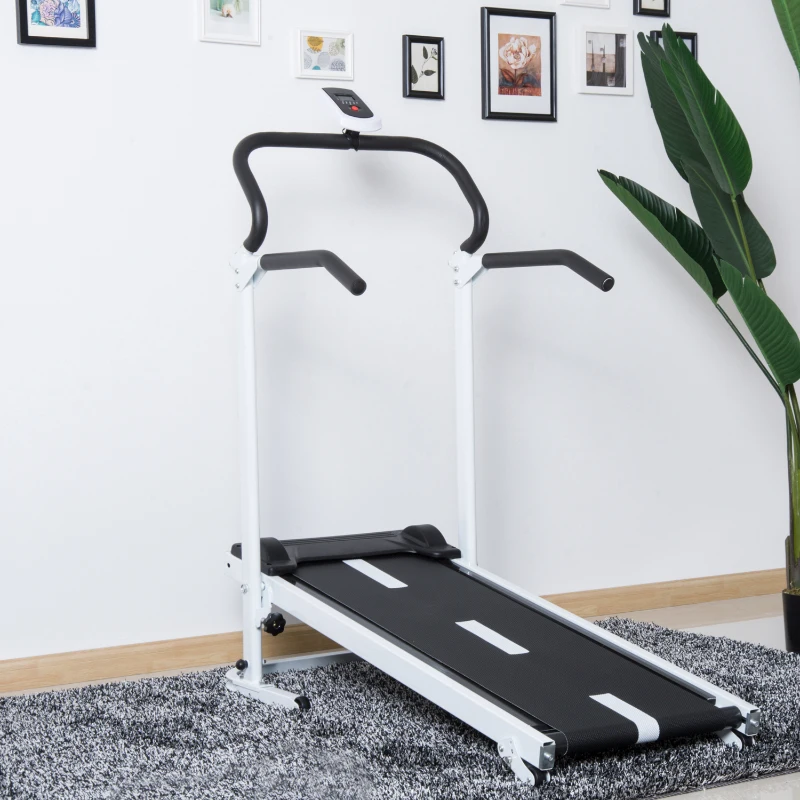 HOMCOM Twin Flywheel Folding  Manual Treadmill for Home Gym-Black/White