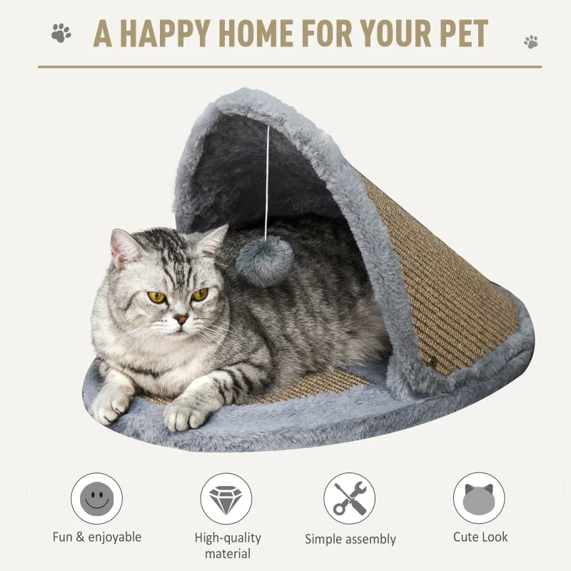 PawHut Cat House Kitten Bed Pet Furniture with Sisal Scratching Area Soft Plush for Rest and Play, Grey and Brown