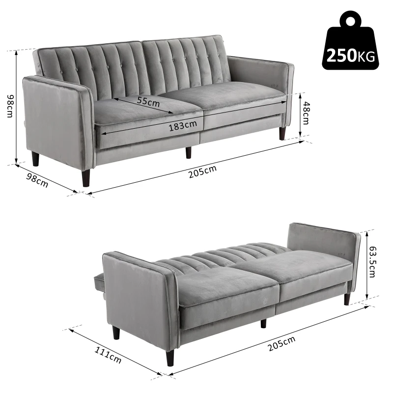 HOMCOM Sofa Bed Adjustable Back Thick Cushions, 205W x 98D x 98Hcm-Grey