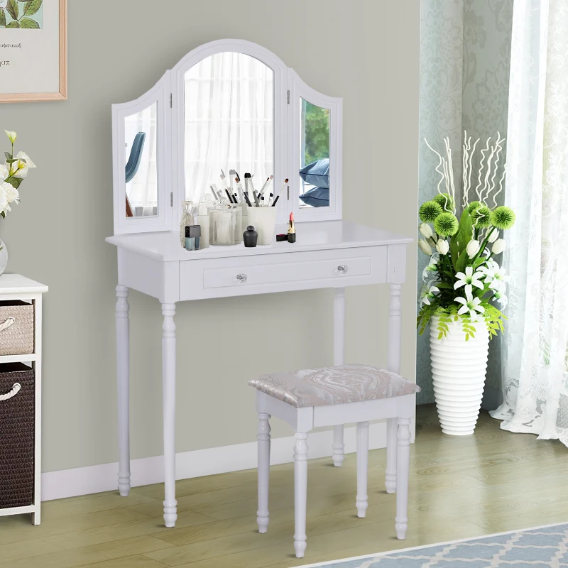 HOMCOM Dressing Table Set W/ Stool and Mirrored Desk-White
