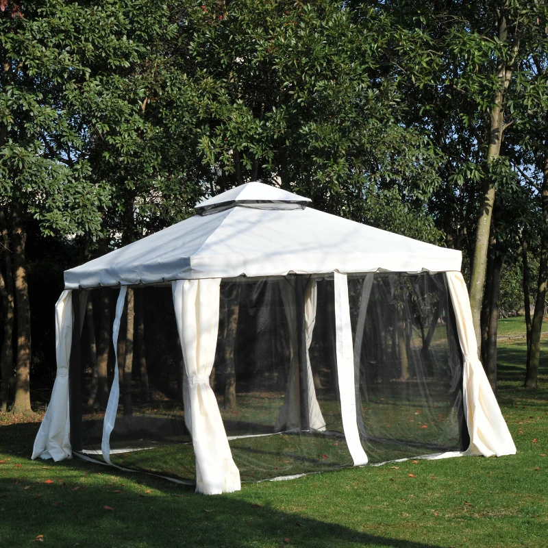Tonnelle barnum style colonial 3 x 3 x 2,7 m 4 moustiquaires et toiles avec zip crème et noir - OUTSUNNY