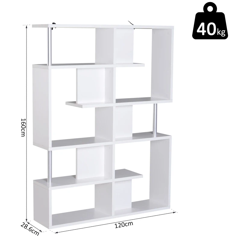 HOMCOM 5-Tier S Shape Bookcase, 120Wx28.6Dx160H cm-White