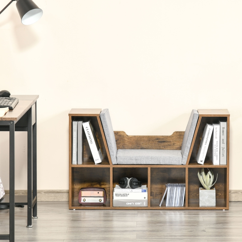HOMCOM Bookcase Storage Reading Seat Unit Kids Adults Six Cubes Organiser Brown