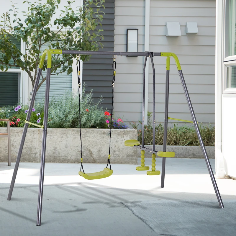 HOMCOM Kids Metal Swing Set, 160/245Lx138Wx180H cm-Grey/Lemon Green Colour