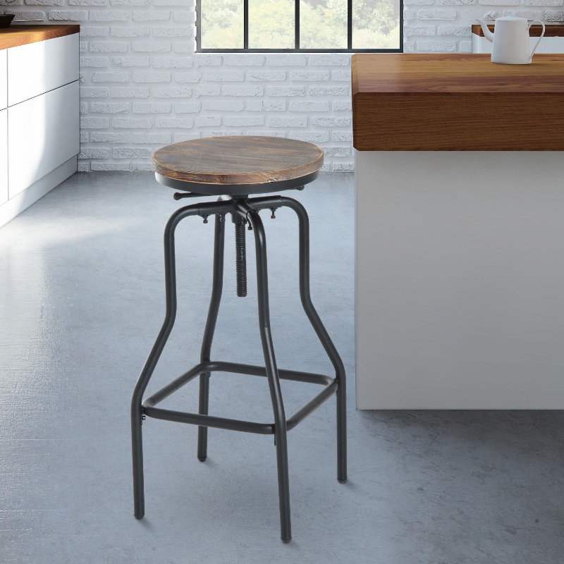 HOMCOM Metal Frame Industrial Swivel Bar Stool with Wooden Surface