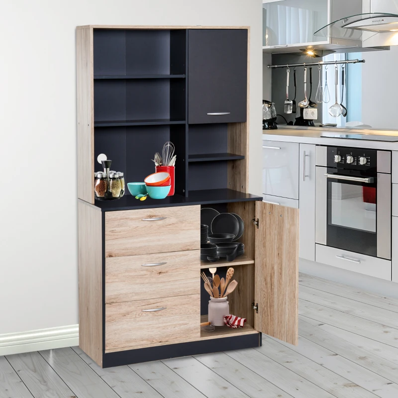HOMCOM Freestanding Kitchen Pantry Cabinet, 90Lx39Wx169H cm-Black and Oak Colour