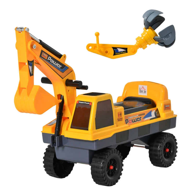 HOMCOM 2 in 1 Ride on Excavator Digger No Power Detachable Digging Bucket and Grab Bucket Music Light for 2-3 Years Old