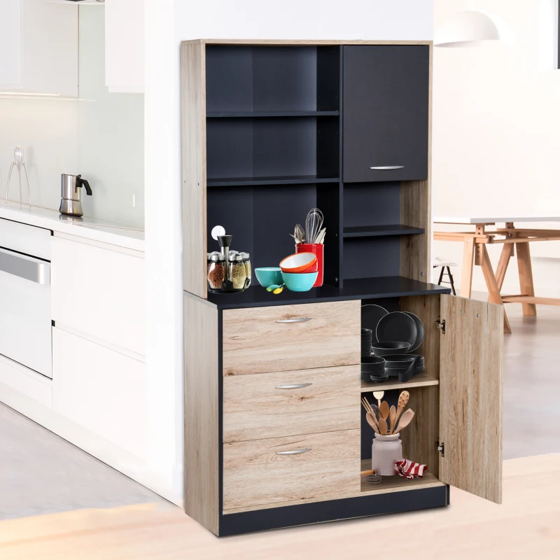 HOMCOM Freestanding Kitchen Pantry Cabinet, 90Lx39Wx169H cm-Black and Oak Colour