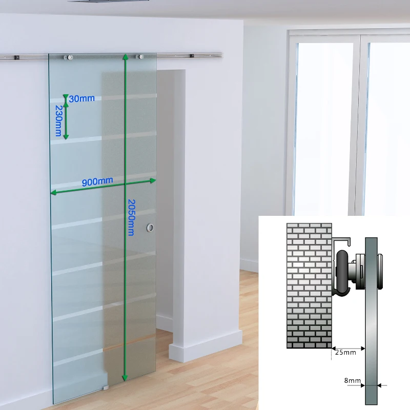 HOMCOM Sliding Door Hardware Track Kit, Tempered Glass Door size 90Lx205Hx 0.8T cm