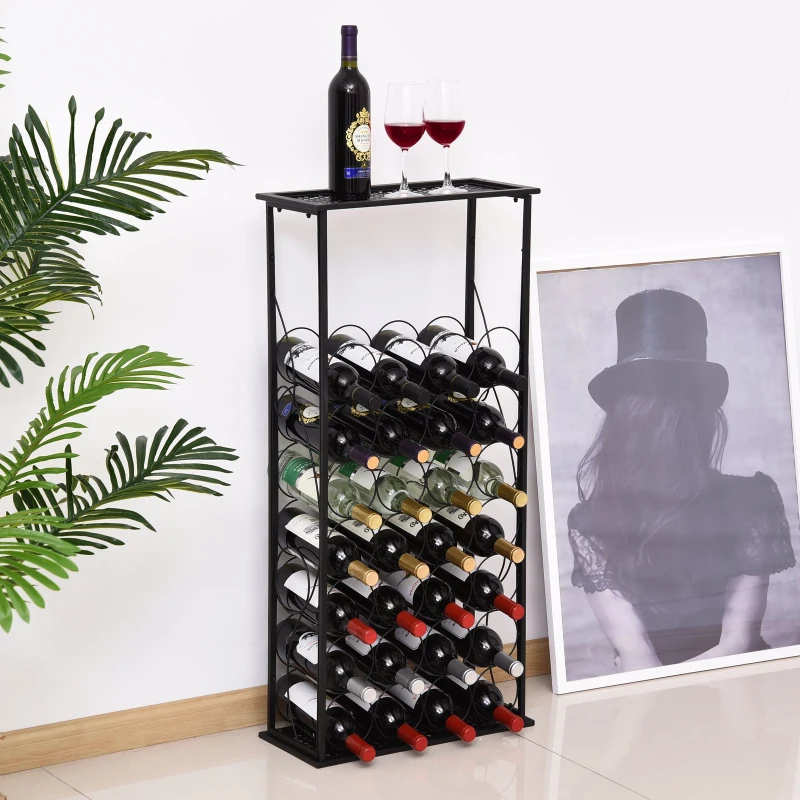 HOMCOM 28 Bottle Wine Rack Metal Storage Unit Bottle Holder Tabletop w/ Top Mesh Tray Black