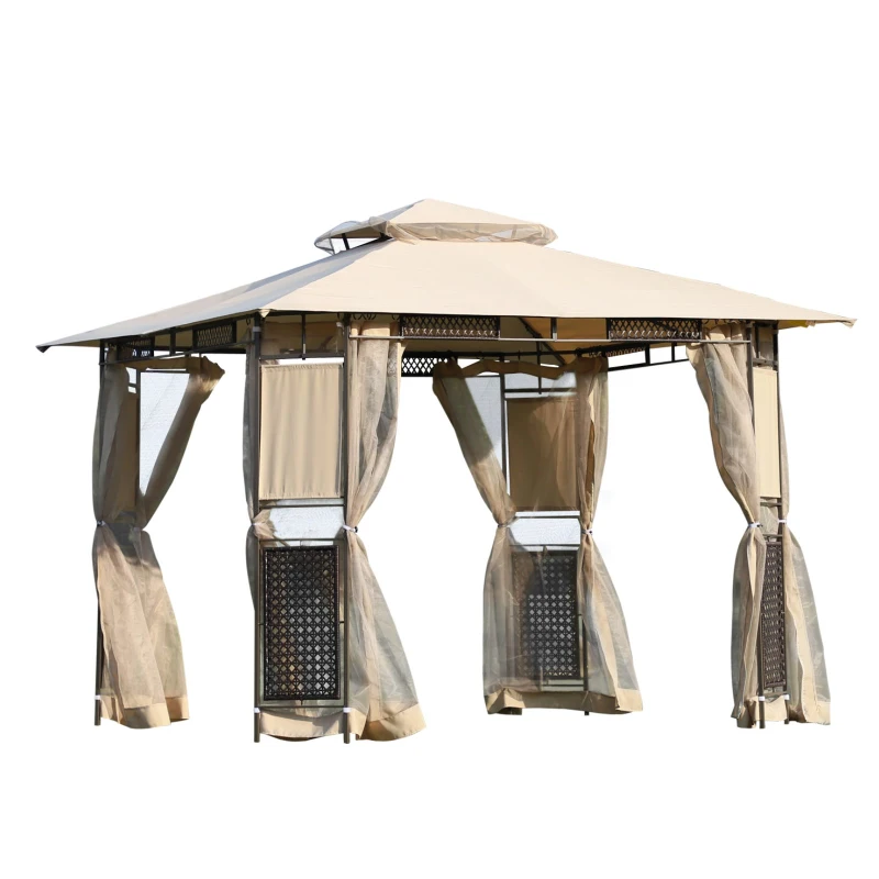 Outsunny Gazebo Pavilion, 2-Tier Roof W/Netting Canopy, 300Lx300Wx260H cm-Khaki/Black/Brown