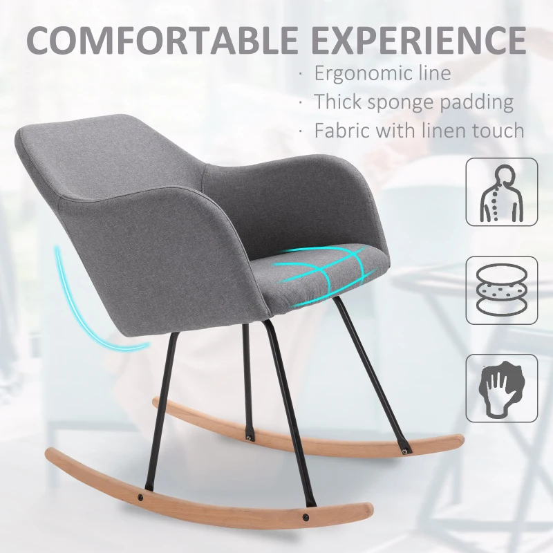 HOMCOM Linen Look Rocking Chair w/ Solid Wood Curved Legs Padded Seat Comfortable High Back Home Furniture Bedroom Living Room Relaxation Seat Dark Grey