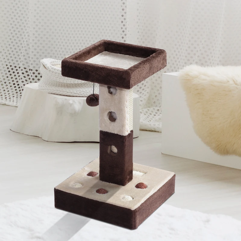 PawHut Cat Tree, Plush, 35Lx 35Wx60.5H cm-Beige/Coffee