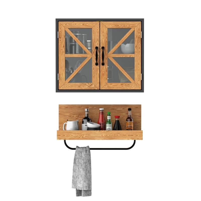 kleankin 2 Pcs Retro Bathroom Cabinet & Towel Rail Set On-Wall Organiser w/ Shelf Metal Hanger Glass Panels Handles Home Style Furniture