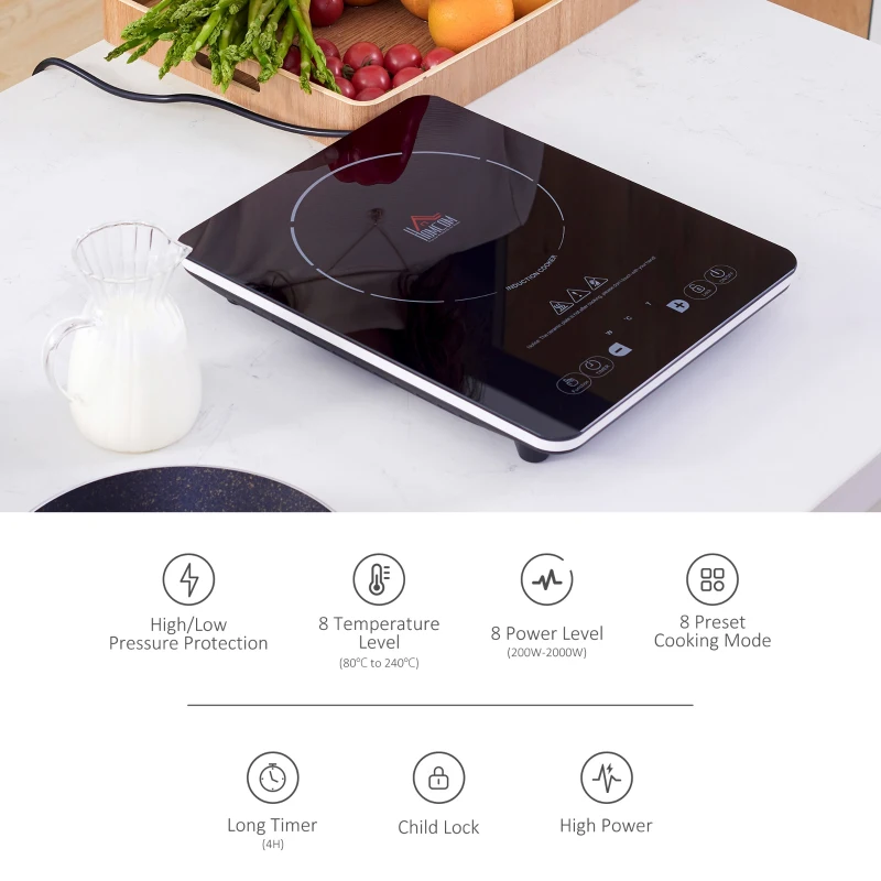 HOMCOM Portable Induction Hob Induction Cooker 2000W Single Hot Plate Electric Cooktop with 8 Power & Temperature Levels 4H Timer Child Lock Sensor Touch LED Display Ceramic Glass Panel