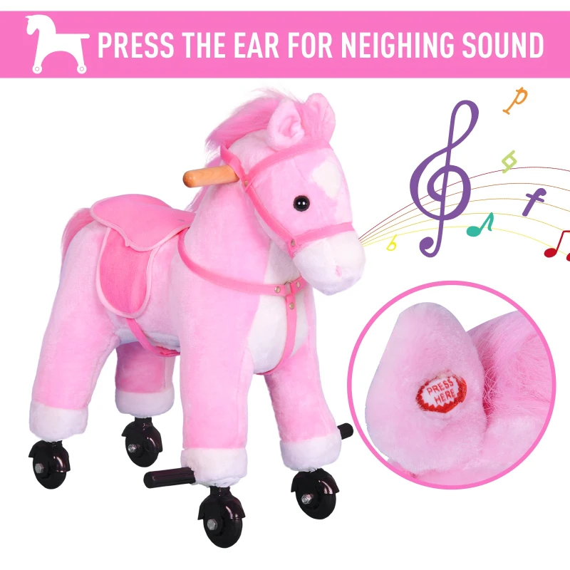 HOMCOM Push Pony Ride On Walking Horse on Wheels w/ Realistic Sounds Pink