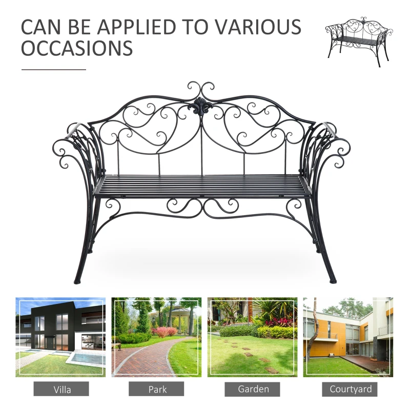 Outsunny 2 Seater Garden Bench, Antique Outdoor Double Seat Chair with Decorative Cast Iron Backrest for Backyard Porch, Black
