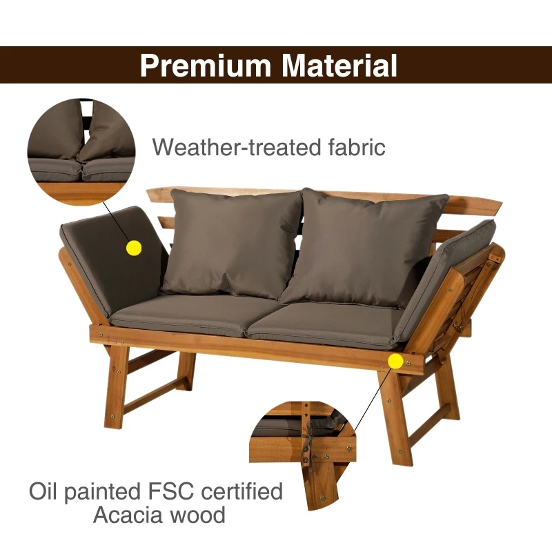 Outsunny 3 In 1 Folding Daybed Sofa Bench Wood Lounger W/Cushion Pillows