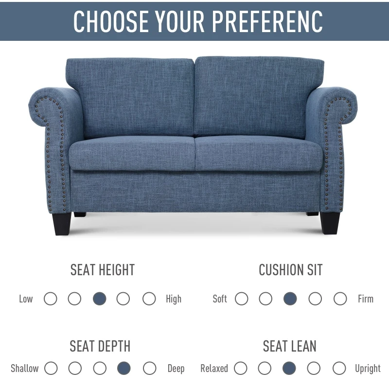 HOMCOM 2-Seater Sofa w/ Storage for Home Living Room Solid Wood Linen 1.5m Blue