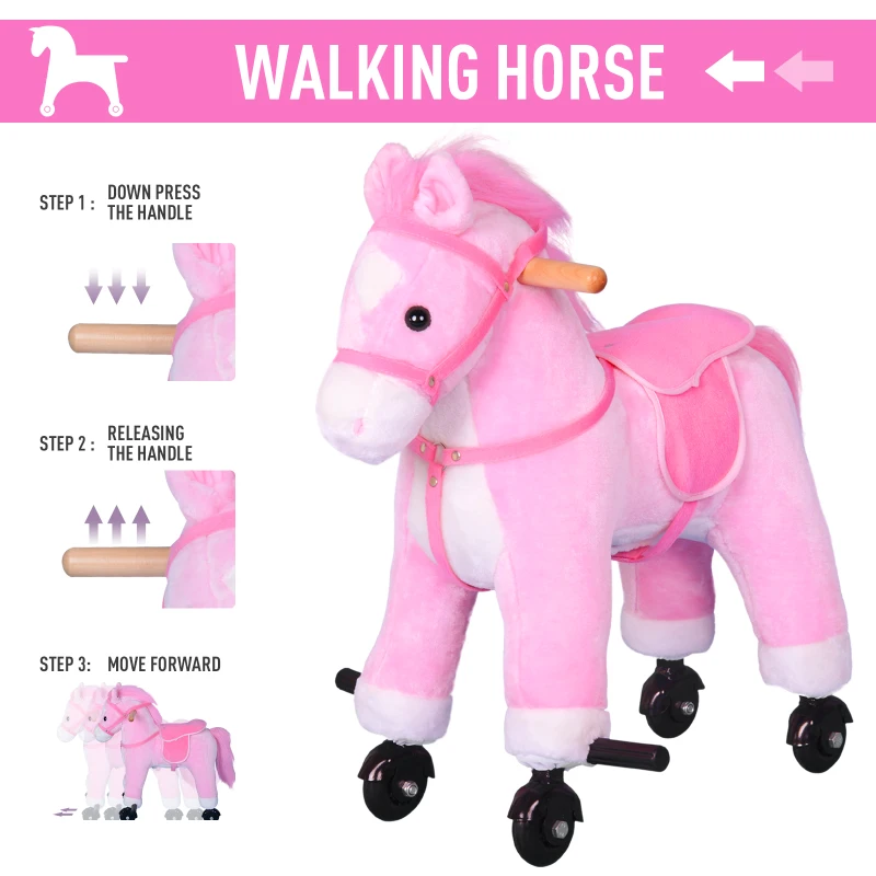 HOMCOM Push Pony Ride On Walking Horse on Wheels w/ Realistic Sounds Pink
