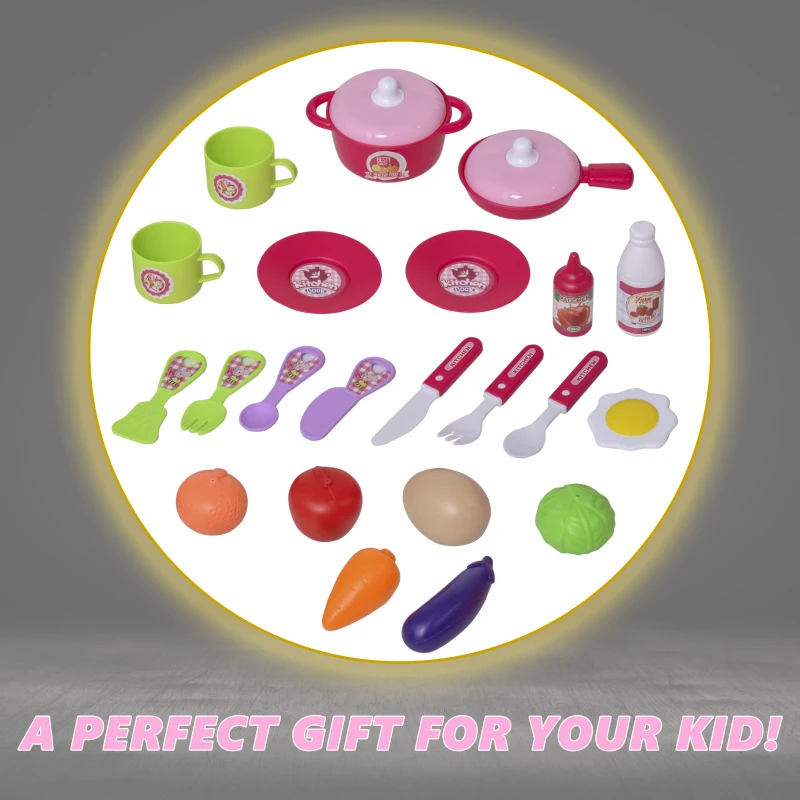 HOMCOM Kids Pretend Play Plastic Kitchen Playset Pink