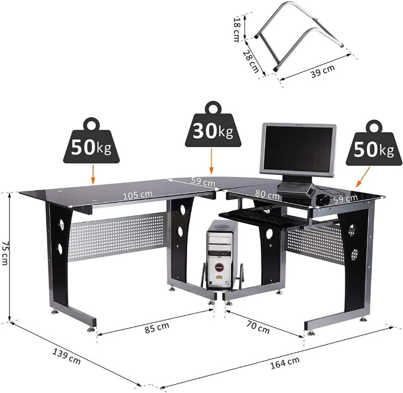 HOMCOM Bureau d'Angle en Verre Fumé Trempé Noir