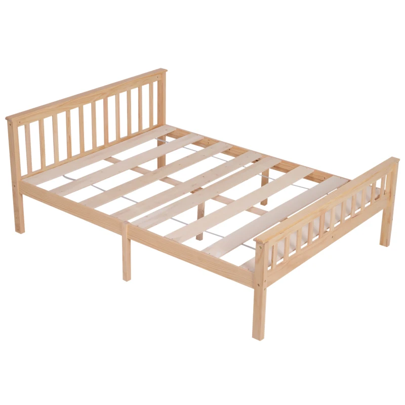 HOMCOM Double Bed Solid Pine Wooden Frame, 208L x 143W x 82Hcm-Natural Wood Colour