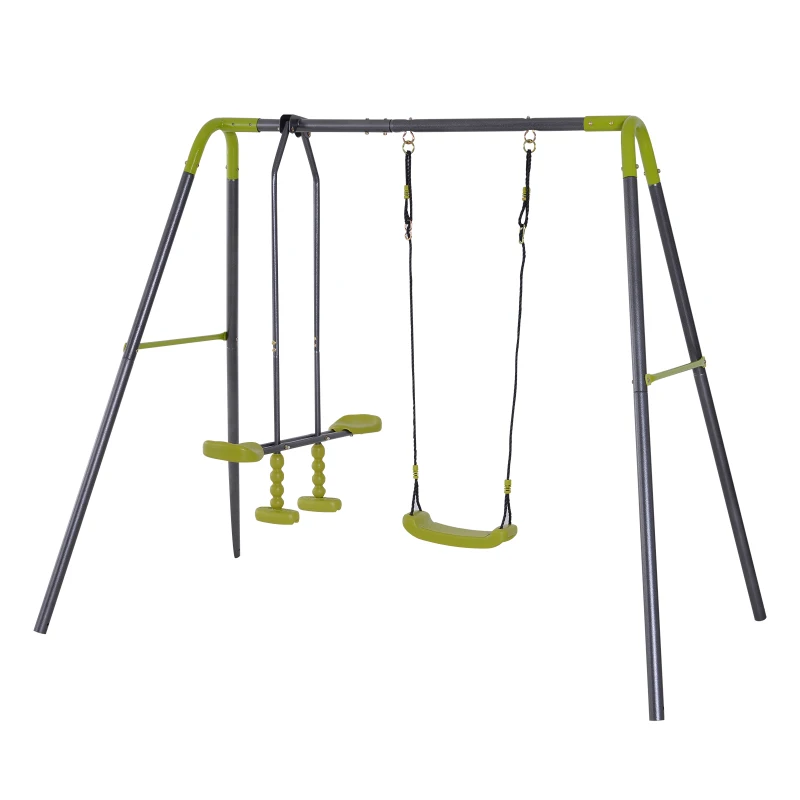 HOMCOM Kids Metal Swing Set, 160/245Lx138Wx180H cm-Grey/Lemon Green Colour