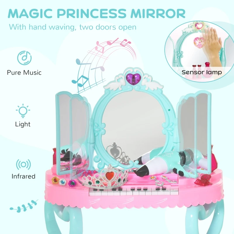 HOMCOM 2 In 1 Kids Vanity Dressing Table Play Set w/ 13 Key Piano Keyboard, Magic Glamour Princess Mirror, Lights, Music, Pretend Toy, Beauty Kit, Stool, for 3-6 Years Pink
