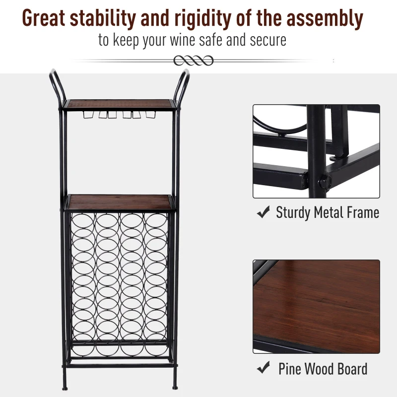 HOMCOM Metal Frame 24 Bottle Wine Rack Unit w/ Pine Wood Table Top Black Brown